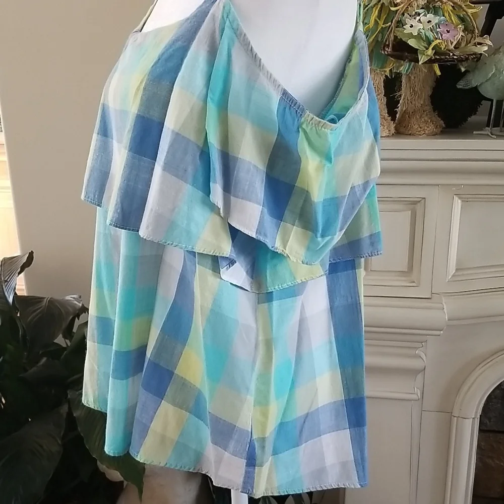 Bobeau Blue and Yellow Plaid Off-Shoulder Blouse - Picture 2 of 4